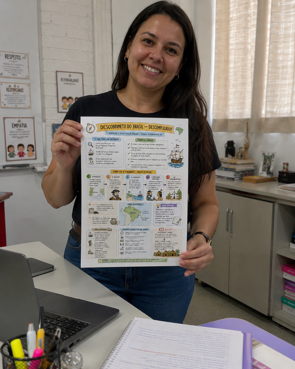 Professora com apostila visual sobre o Descobrimento do Brasil